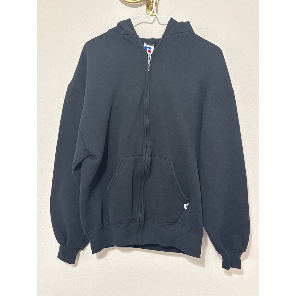 Russell Athletic Zip Hoodie Mens L Black Vintage Made in USA Plain Blank Jacket